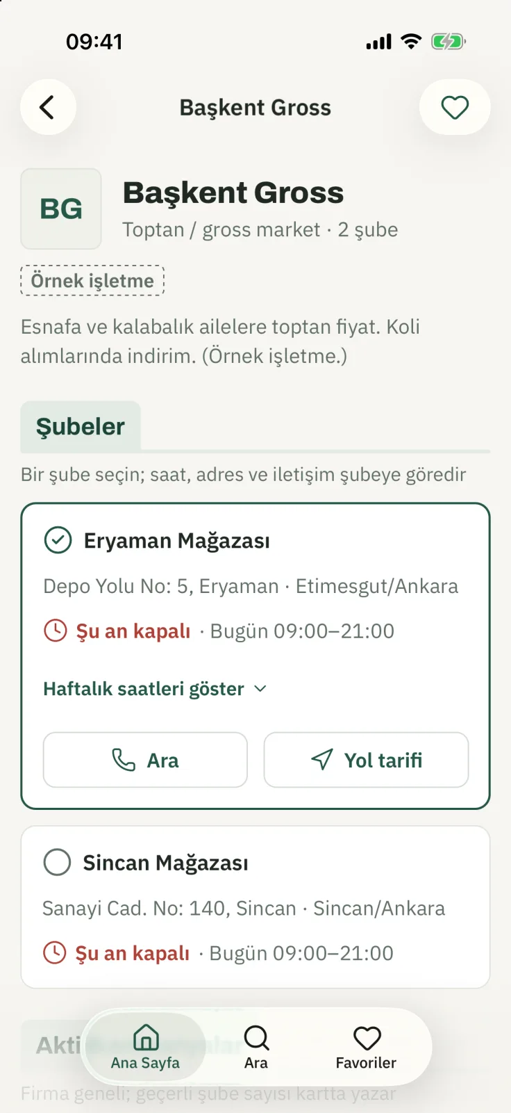 Market sayfası: şubeler, adres, çalışma saatleri, arama ve yol tarifi düğmeleri