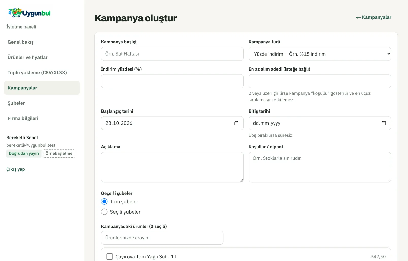 İşletme paneli: kampanya oluşturma formu; başlık, kampanya türü, indirim yüzdesi, tarih ve geçerli şubeler